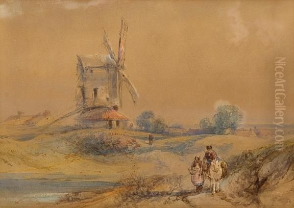 Figures On Path Before A Windmill - view 1