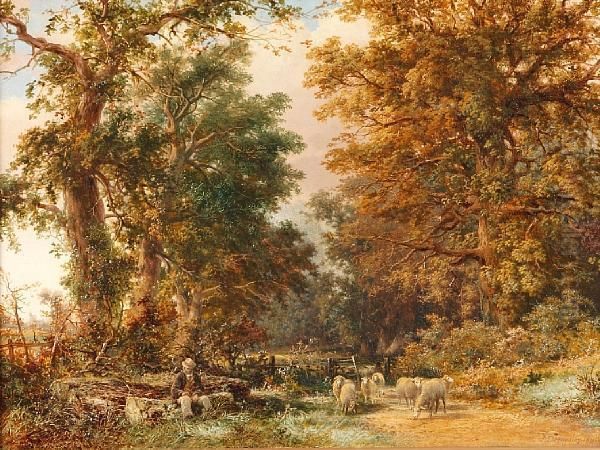 Woodland Clearing With Sheep And Farmer Resting - view 1