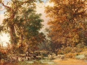 Woodland Clearing With Sheep And Farmer Resting
