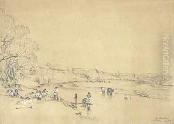 A Large Family Group And Cattle Enjoying The River - view 1