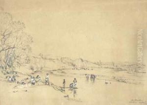 A Large Family Group And Cattle Enjoying The River