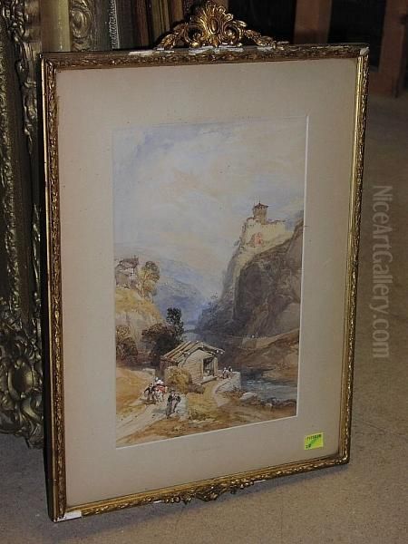 A Rocky River Landscape With Figures And Castle, Possibly Alpine - view 1
