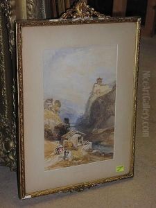 A Rocky River Landscape With Figures And Castle, Possibly Alpine