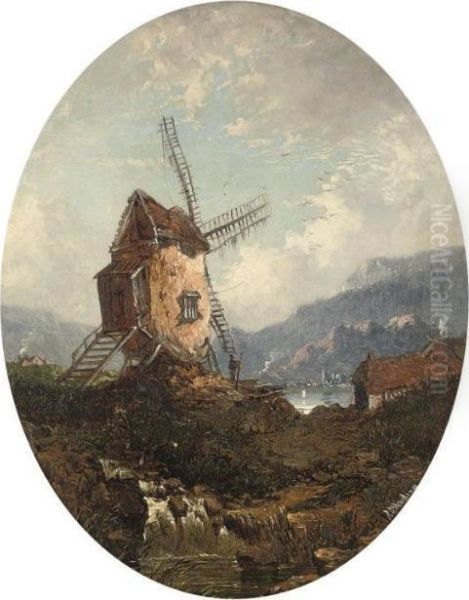 A Windmill Beside A Lake, In A Painted Oval - view 1