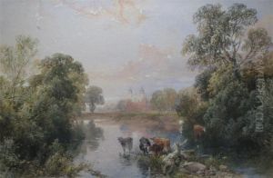 Cattle By A River A Chapel Beyond, Possibly Eaton College Chapel by James Duffield Harding