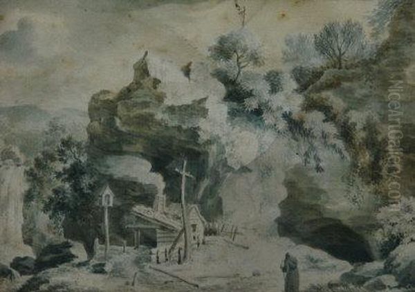 Hermit On A Mountainous Range Before A Wooden Cross - view 1