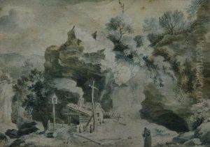 Hermit On A Mountainous Range Before A Wooden Cross