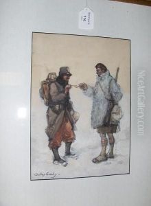 Two Soldiers In Winter, Signed, Ink,watercolour And Bodycolour