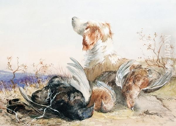 A Spaniel With Three Grouse - view 1