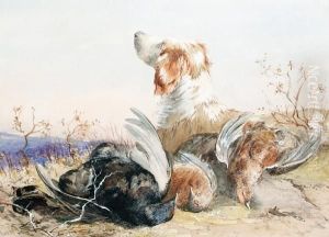 A Spaniel With Three Grouse by James Jnr Hardy