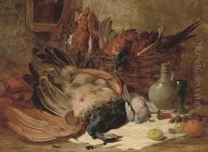 A Peacock, Pigeon, Pheasant In A Basket, With A Jug, Glass And Fruit To The Side