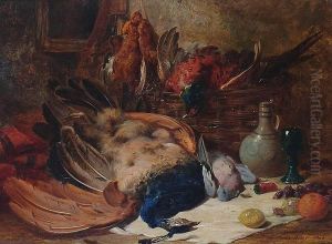 A Still Life Of A Peacock, Pigeon, Pheasant And Grouse, With A Pitcher And Fruit.