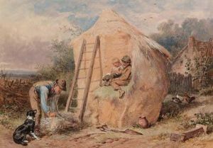 Children, Sitting On A Hayrick, Watching A Farmer by James Jnr Hardy