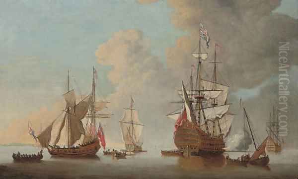 The flagship Royal Sovereign firing a salute at the Nore with other warships and Admiralty yachts in attendance - view 1