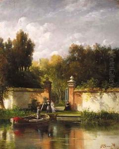 Elegant ladies leaving for a boating trip by Salomon Leonardus Verveer