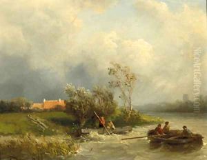 Fishermen in a rowing boat on a choppy river by Salomon Leonardus Verveer