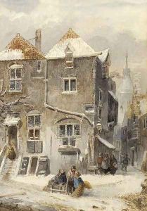 A view of a snow-covered town by Salomon Leonardus Verveer