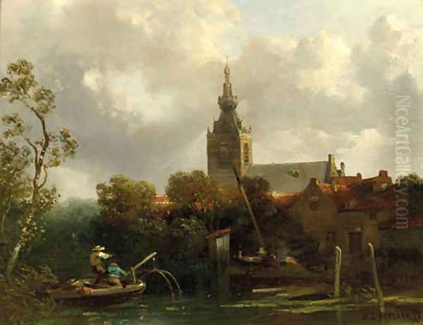 A view of Overschie with fishermen in a rowing boat in the foreground - view 1