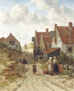Fisherwomen conversing in the dunes, Scheveningen by Salomon Leonardus Verveer