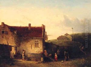 A Dutch Farmhouse With Figures by Salomon Leonardus Verveer