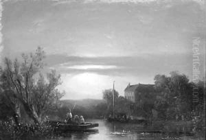 A river landscape at dusk by Salomon Leonardus Verveer