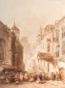 Street scene in a French town by Salomon Leonardus Verveer