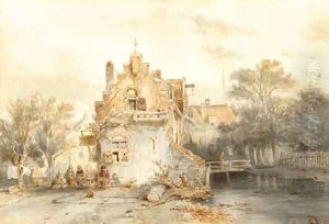 Washerwomen by an inn by Salomon Leonardus Verveer