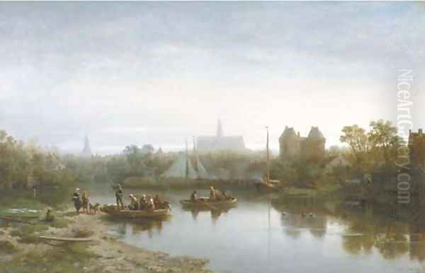 Crossing a canal at dusk on the outskirts of a town - view 1