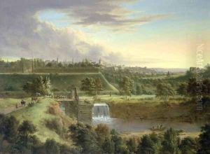 River Landscape by a Walled Town, probably Sachausen by Johann Christian Vollerdt or Vollaert