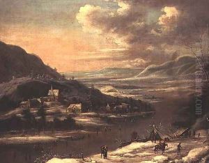 Winter Landscape- Town by a Frozen River by Johann Christian Vollerdt or Vollaert