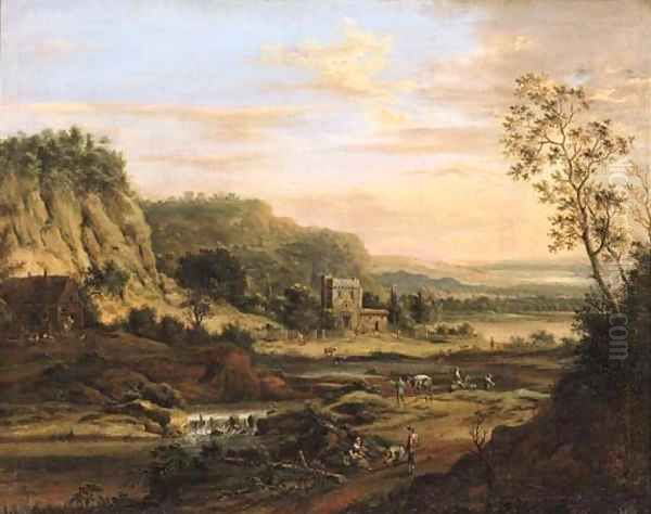 Peasants on a road by a river in a Rhenish landscape - view 1