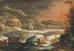 A mountainous winter landscape with travellers on a track by Johann Christian Vollerdt or Vollaert