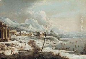 A Rhenish winter landscape with ice skaters