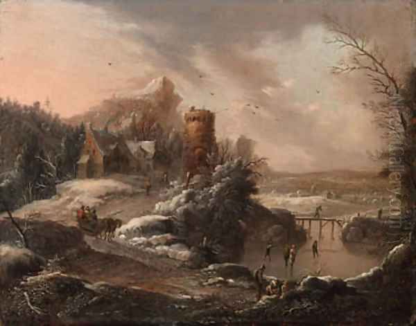 A winter landscape with travellers on a path and skaters on a river, a town and houses nearby - view 1