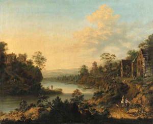 A river landscape with a hamlet and peasants on a path