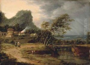 A river landscape with figures by a bridge and a house struck by lightening beyond by Johann Christian Vollerdt or Vollaert