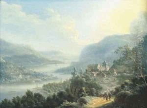 An extensive Rheinish landscape with travellers on a road by a castle by Johann Christian Vollerdt or Vollaert