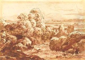 An extensive landscape with a river flowing between trees, distant mountains seen beyond by Georg Maximilian Johann Von Dillis