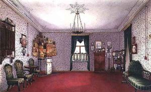 A Russian living room with an icon corner by Ivan Petrovich Volski