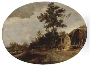 A wooded landscape with a sportsman on a path and figures conversing by a farm by Joost de Volder