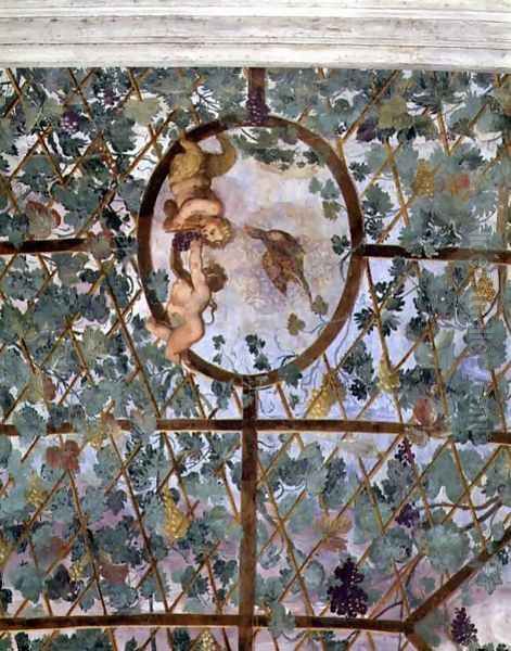 The semicircular ionic portico, detail of the ceiling vault depicting a putto feeding a young satyr grapes, 1551-55 - view 1