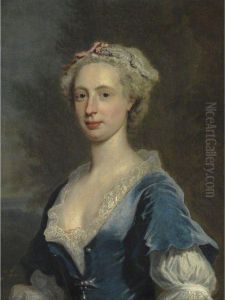 Portrait Of A Lady, Wearing A Blue Dress And Lace Collar by Joseph Highmore