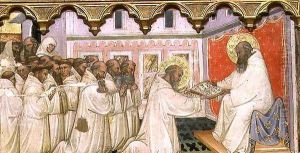 St. Benedict hands over the Rule of the New Order to the Monks of Monte Cassino