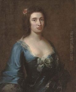 Portrait Of A Lady, Half-length,
 In A Blue Dress With Lace Trim And A Bow, Flowers In Her Hair