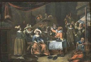 The Sense of Taste elegant company eating and drinking by a draped table in an interior