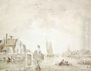 Shipping in an Estuary by a Village with a City in the Distance by Theodor (Dirk) Verrijk