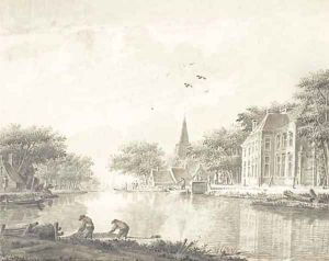 A riverbank with houses and fishermen by Theodor (Dirk) Verrijk