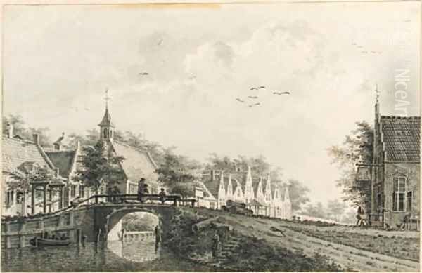 A view of a village along a canal, a church to the left, a tavern to the right, said to be the village of De Meern, near Utrecht - view 1