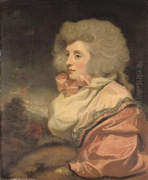 Portrait Of A Lady, Half-length,
Seated In A Pink Dress, White Scarf And Pink Neck-tie, With A Fur Muff,
In A Landscape - view 1