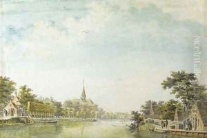 View of a Dutch village, with a cottage on a canal and a church beyond by Theodor (Dirk) Verrijk